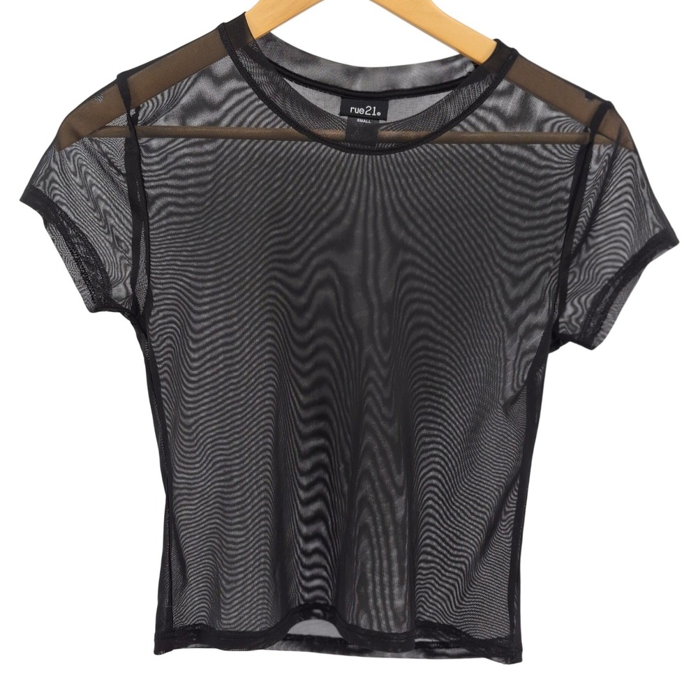 Rue 21 Black Sheer Mesh Short Sleeve Crop Top Sz Small Grunge‎ Witchy Whimsigoth